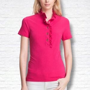 Tory Burch "Lidia" Hot Pink Ruffle Collar 5 Button Short Sleeve Polo Size S